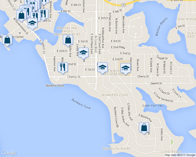 map of restaurants, bars, coffee shops, grocery stores, and more near 100 South Cove Boulevard in Panama City