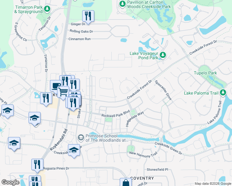 map of restaurants, bars, coffee shops, grocery stores, and more near 18 Shaded Arbor Drive in Spring