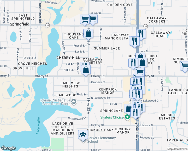 map of restaurants, bars, coffee shops, grocery stores, and more near 5019 Cherry Street in Callaway