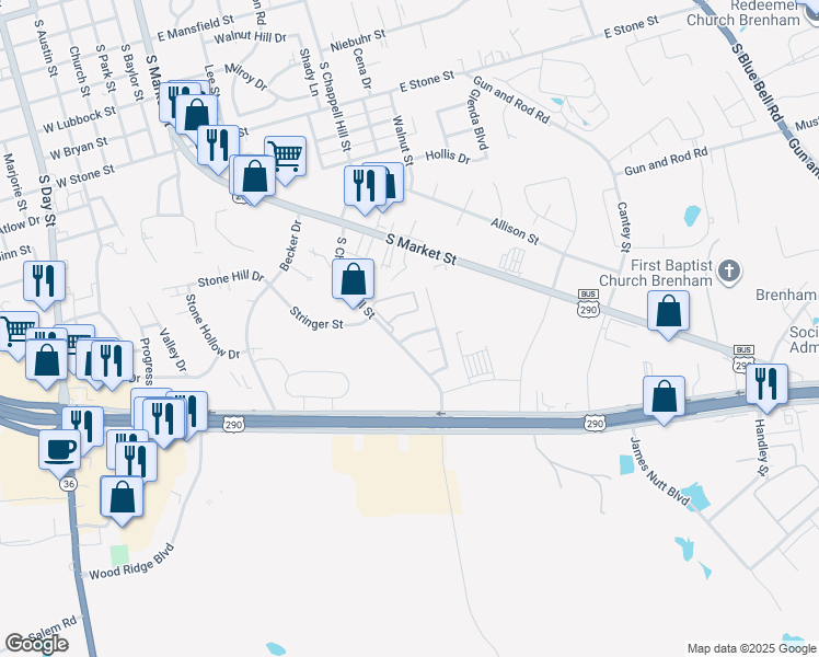 map of restaurants, bars, coffee shops, grocery stores, and more near 1107 Apache Drive in Brenham