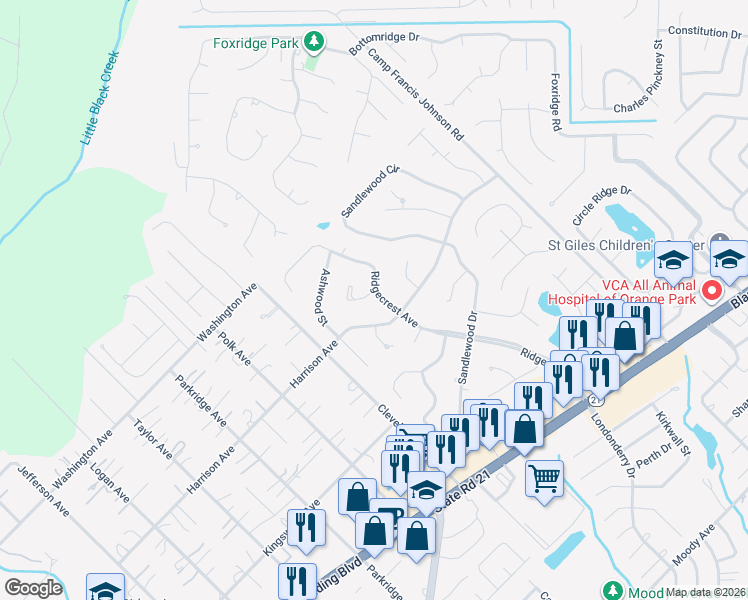 map of restaurants, bars, coffee shops, grocery stores, and more near 2553 Glenloch Court in Orange Park
