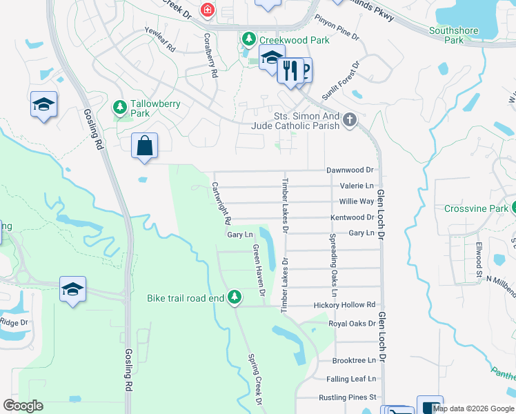 map of restaurants, bars, coffee shops, grocery stores, and more near 3518 Kentwood Drive in Spring