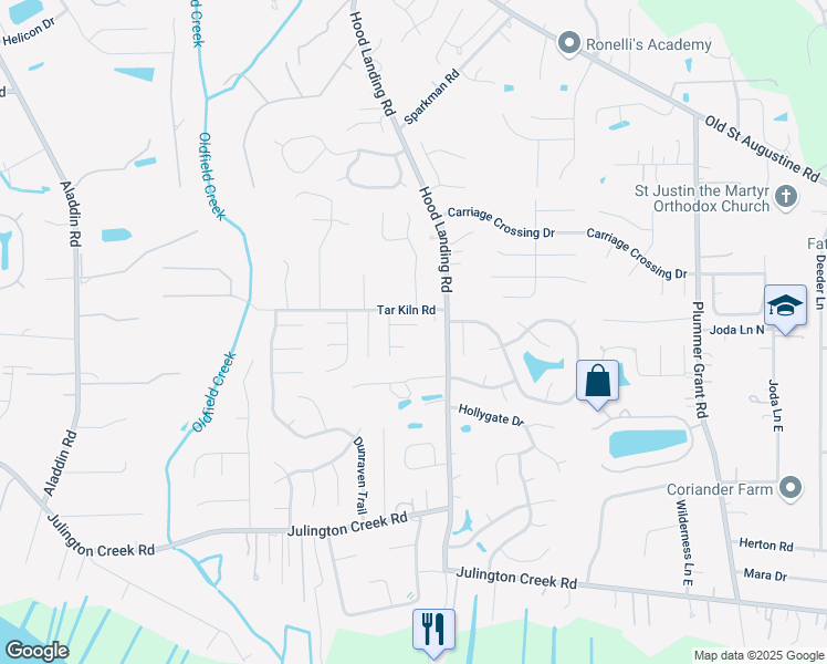 map of restaurants, bars, coffee shops, grocery stores, and more near 4219 Charlton Creek Court in Jacksonville