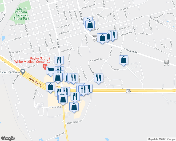 map of restaurants, bars, coffee shops, grocery stores, and more near 2480 Stone Hollow Drive in Brenham