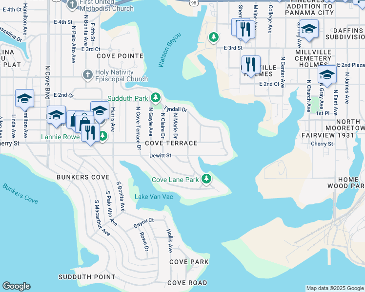 map of restaurants, bars, coffee shops, grocery stores, and more near 100-198 Cove Lane in Panama City