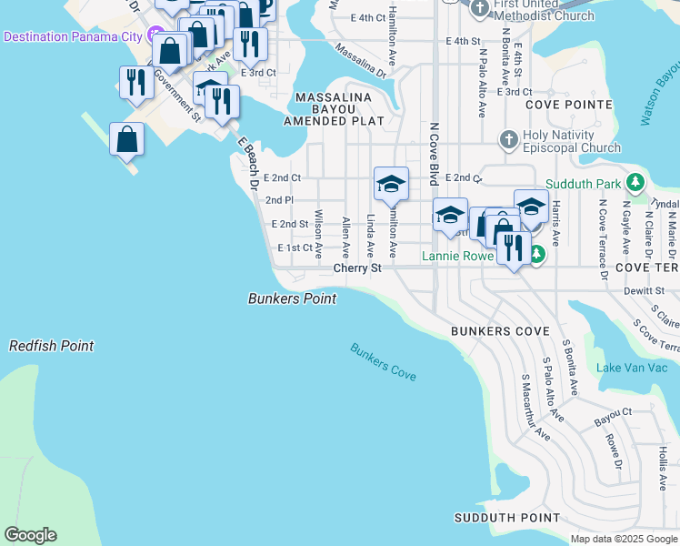 map of restaurants, bars, coffee shops, grocery stores, and more near 402 Cherry Street in Panama City