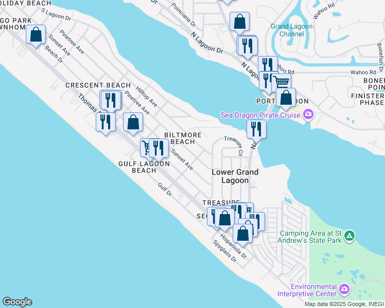 map of restaurants, bars, coffee shops, grocery stores, and more near 5410 Sunset Avenue in Panama City Beach