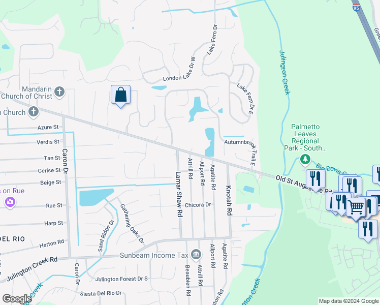 map of restaurants, bars, coffee shops, grocery stores, and more near Old Saint Augustine Road in Jacksonville