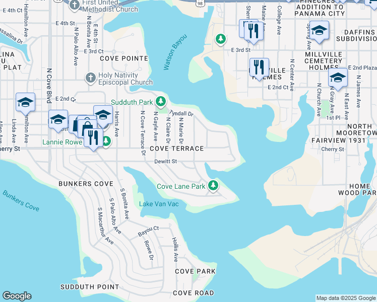 map of restaurants, bars, coffee shops, grocery stores, and more near 100-198 Cove Lane in Panama City