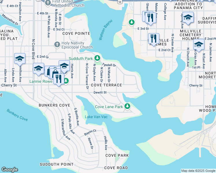 map of restaurants, bars, coffee shops, grocery stores, and more near 1606 Cherry Street in Panama City