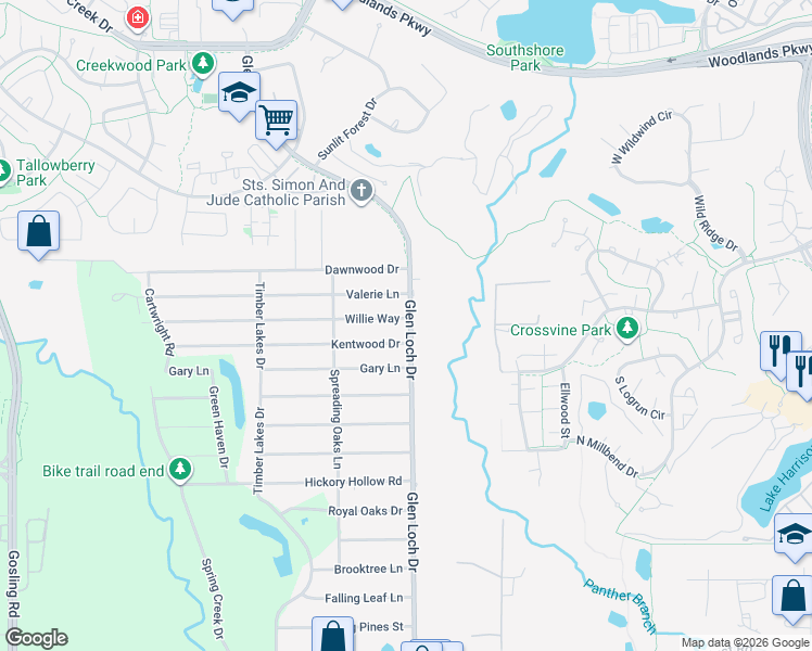 map of restaurants, bars, coffee shops, grocery stores, and more near 3218 Kentwood Drive in Spring