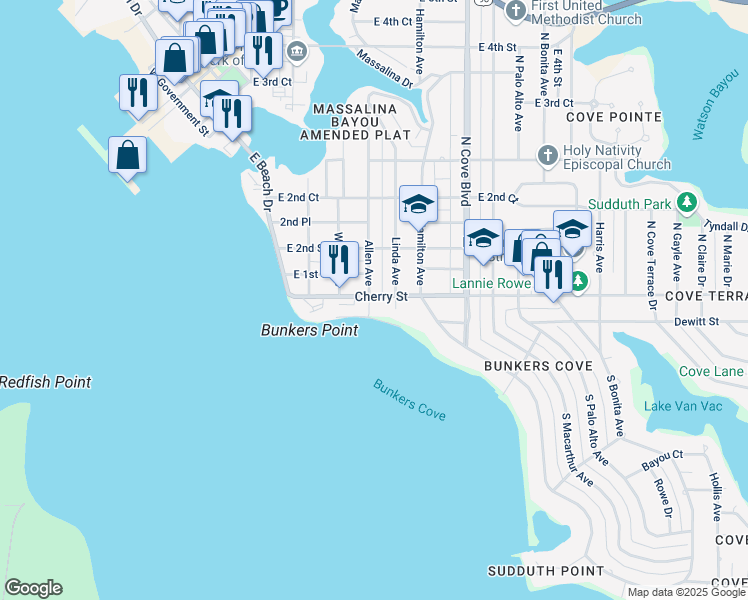 map of restaurants, bars, coffee shops, grocery stores, and more near 402 Cherry Street in Panama City