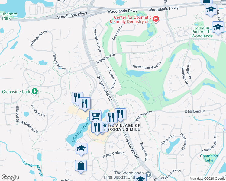 map of restaurants, bars, coffee shops, grocery stores, and more near 140 South Timber Top Drive in Spring