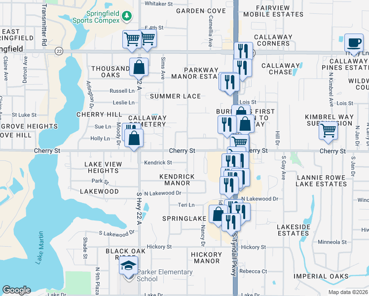 map of restaurants, bars, coffee shops, grocery stores, and more near 5216 Cherry Street in Panama City