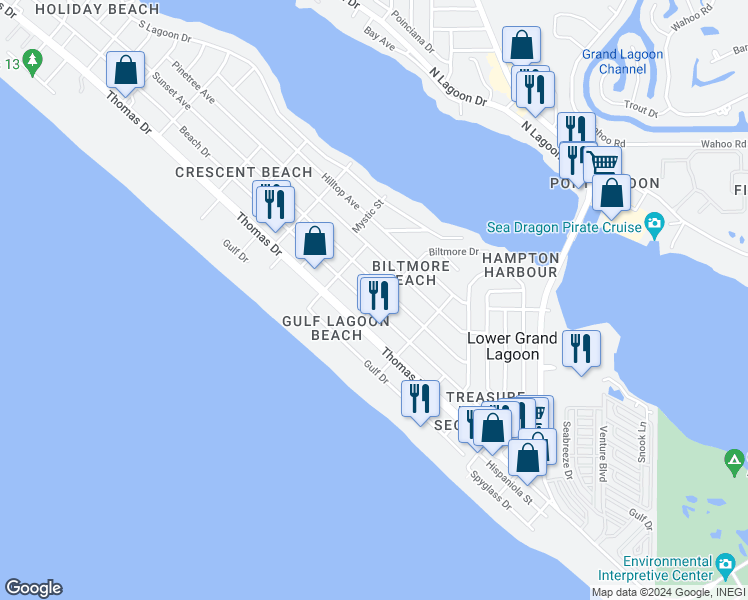 map of restaurants, bars, coffee shops, grocery stores, and more near 5510 Beach Drive in Panama City