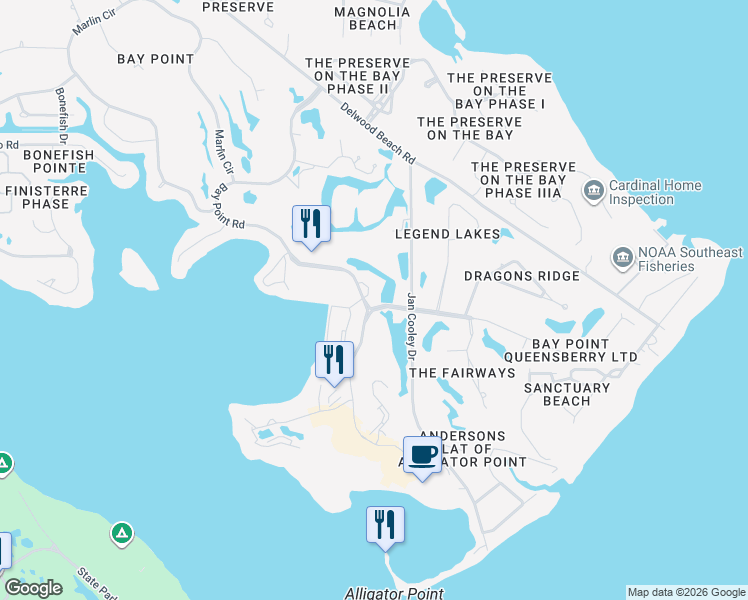 map of restaurants, bars, coffee shops, grocery stores, and more near 4725 Bay Point Road in Panama City Beach