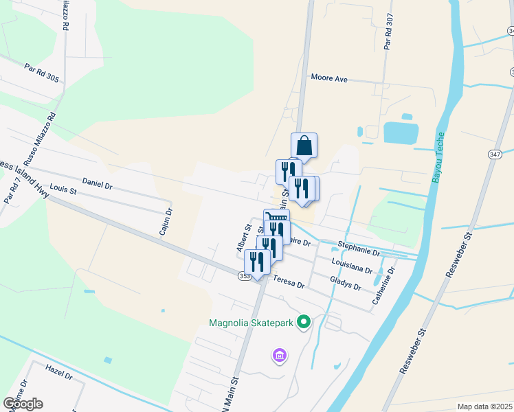 map of restaurants, bars, coffee shops, grocery stores, and more near 301 Willis Drive in Saint Martinville