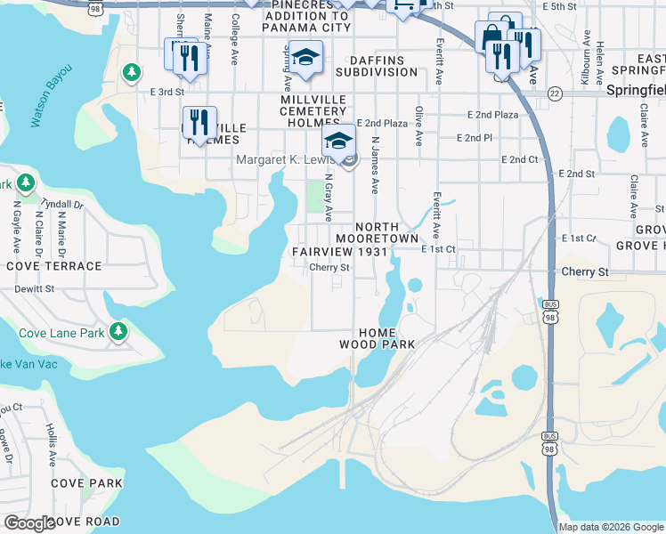 map of restaurants, bars, coffee shops, grocery stores, and more near 104 Gray Avenue in Panama City