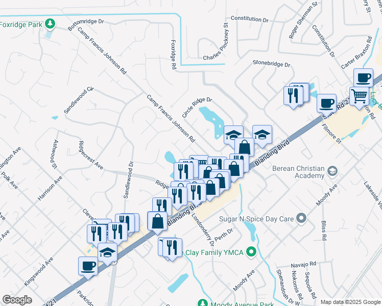 map of restaurants, bars, coffee shops, grocery stores, and more near 2440 Camphorwood Court in Orange Park