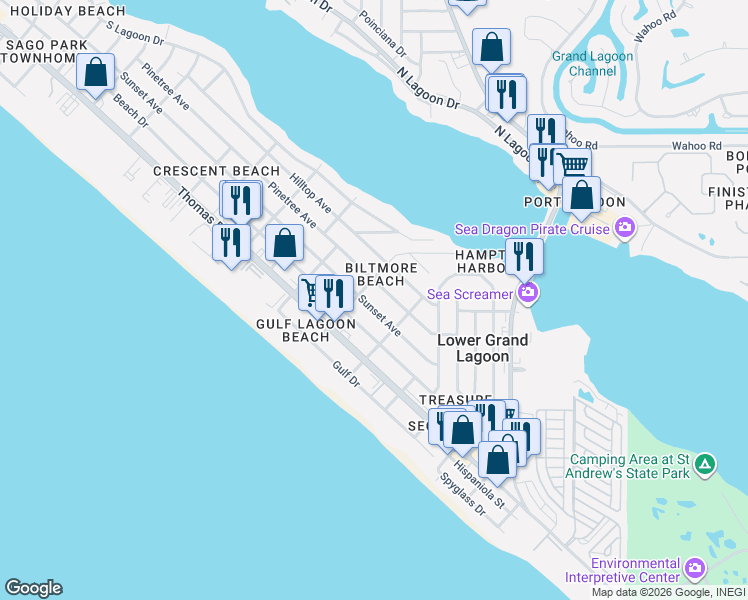 map of restaurants, bars, coffee shops, grocery stores, and more near 5410 Sunset Avenue in Panama City Beach
