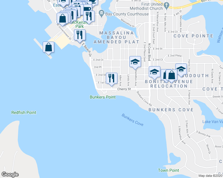 map of restaurants, bars, coffee shops, grocery stores, and more near 2 Wilson Avenue in Panama City