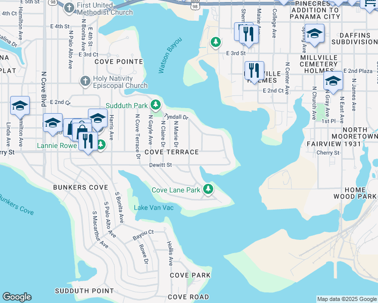 map of restaurants, bars, coffee shops, grocery stores, and more near 100 Cove Lane in Panama City