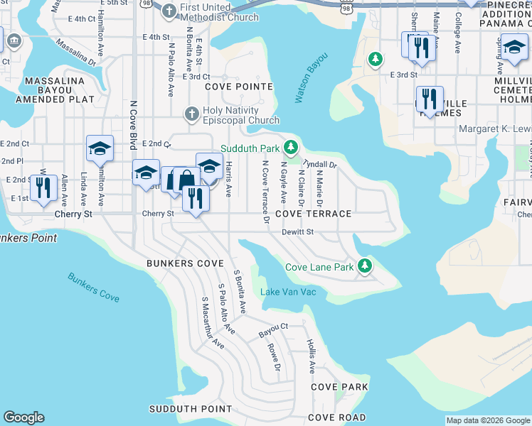 map of restaurants, bars, coffee shops, grocery stores, and more near 1401 Cherry Street in Panama City