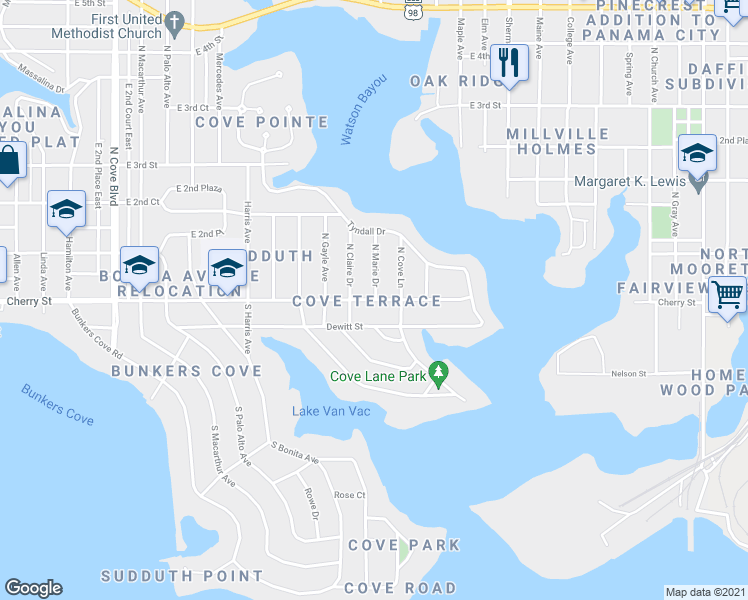 map of restaurants, bars, coffee shops, grocery stores, and more near 1606 Cherry Street in Panama City
