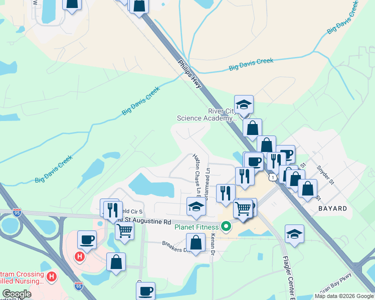 map of restaurants, bars, coffee shops, grocery stores, and more near 12424 Hatton Chase Lane West in Jacksonville