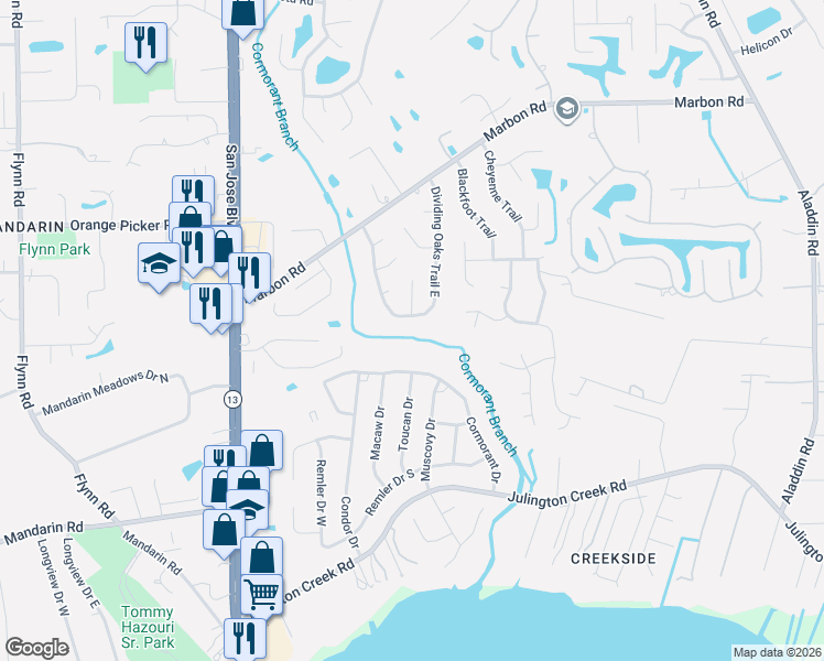map of restaurants, bars, coffee shops, grocery stores, and more near 3307 Cormorant Drive in Jacksonville