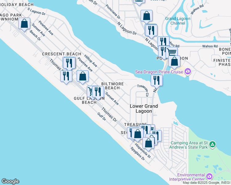 map of restaurants, bars, coffee shops, grocery stores, and more near 5410 Sunset Avenue in Panama City Beach