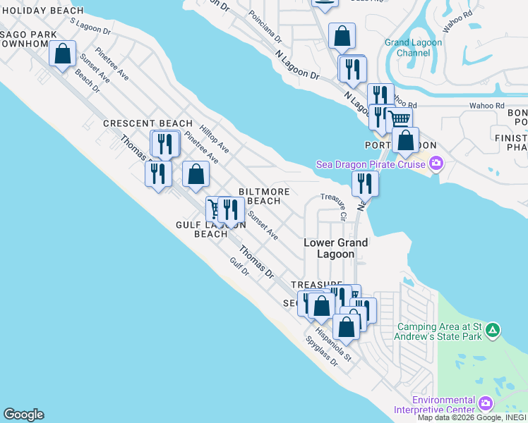 map of restaurants, bars, coffee shops, grocery stores, and more near 5410 Sunset Avenue in Panama City Beach
