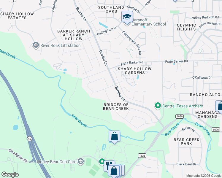 map of restaurants, bars, coffee shops, grocery stores, and more near 2609 Bear Springs Trail in Austin