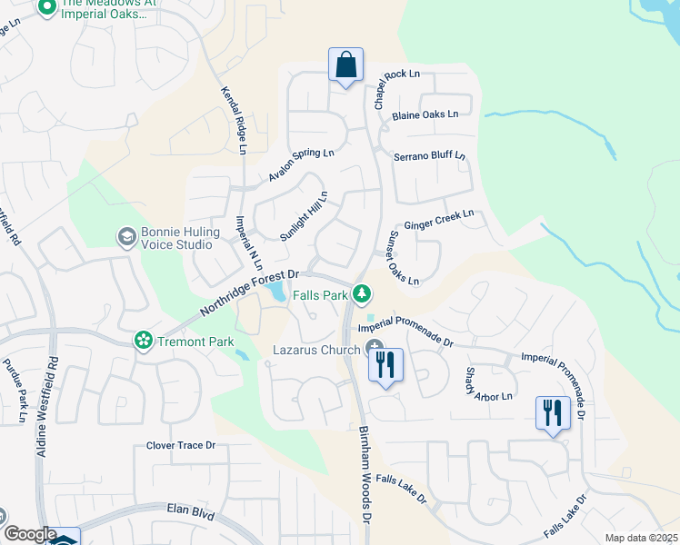 map of restaurants, bars, coffee shops, grocery stores, and more near 3622 Sawyer Bend Lane in Spring