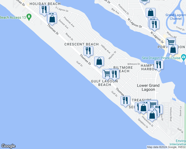map of restaurants, bars, coffee shops, grocery stores, and more near 5717 Thomas Dr in Panama City
