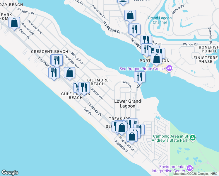 map of restaurants, bars, coffee shops, grocery stores, and more near 5322 Pinetree Avenue in Panama City Beach
