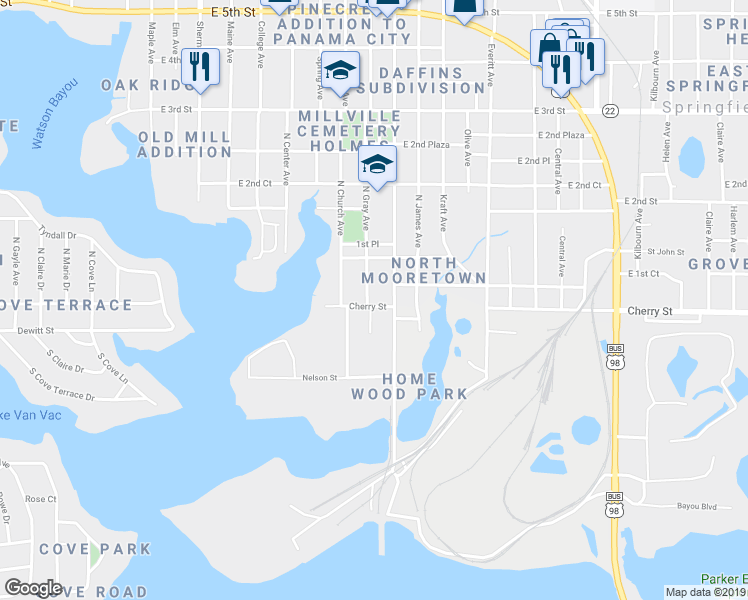 map of restaurants, bars, coffee shops, grocery stores, and more near 102 North Gray Avenue in Panama City