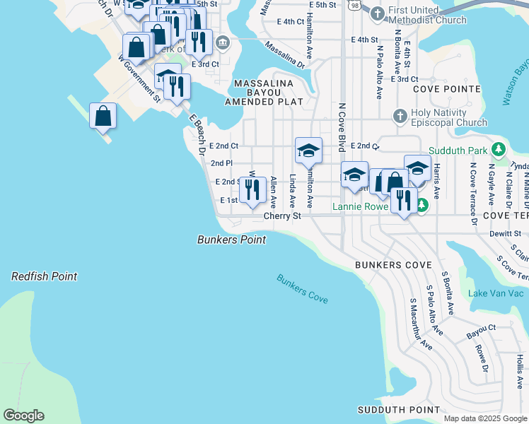 map of restaurants, bars, coffee shops, grocery stores, and more near 402 Cherry Street in Panama City