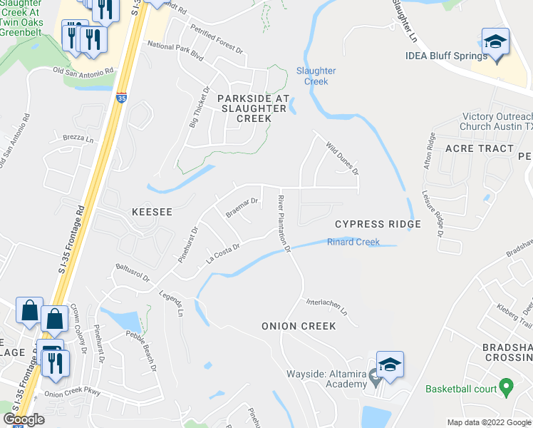 map of restaurants, bars, coffee shops, grocery stores, and more near 10211 Colonial Club Drive in Austin