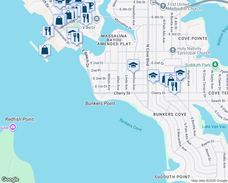 map of restaurants, bars, coffee shops, grocery stores, and more near 402 Cherry Street in Panama City