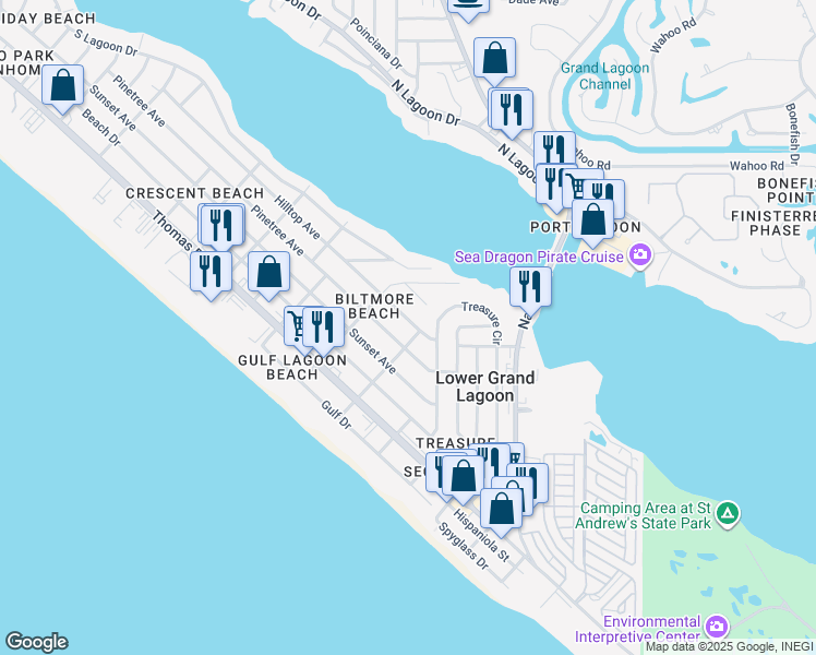 map of restaurants, bars, coffee shops, grocery stores, and more near 5322 Pinetree Avenue in Panama City Beach