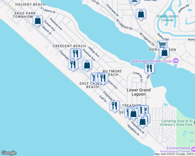 map of restaurants, bars, coffee shops, grocery stores, and more near 4100 Biltmore Drive in Panama City Beach