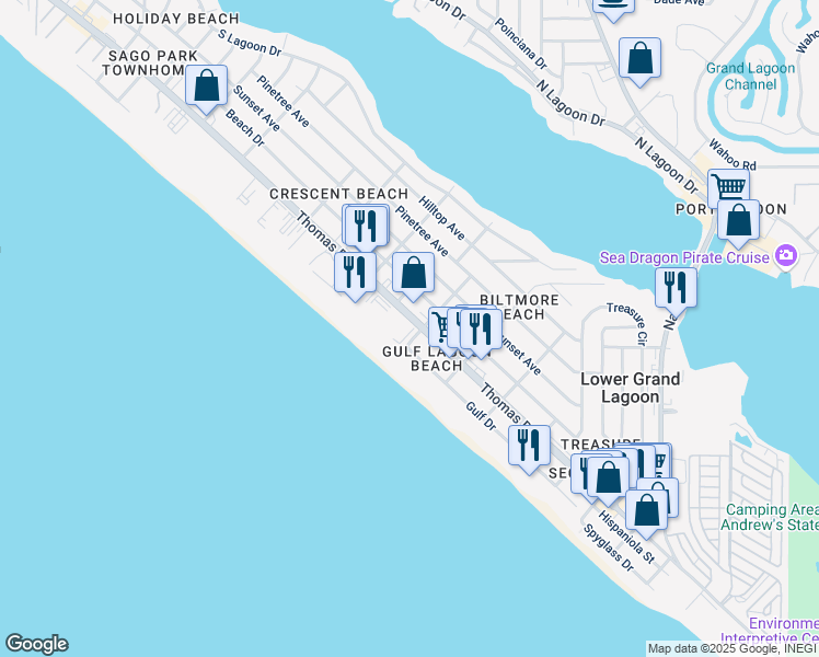 map of restaurants, bars, coffee shops, grocery stores, and more near 4117 Luff Street in Panama City Beach