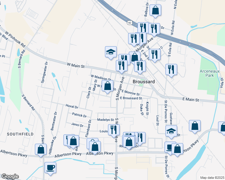 map of restaurants, bars, coffee shops, grocery stores, and more near 306 South Morgan Avenue in Broussard
