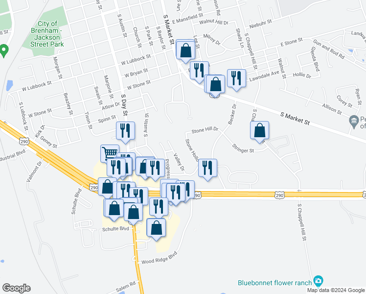 map of restaurants, bars, coffee shops, grocery stores, and more near 2480 Stone Hollow Drive in Brenham