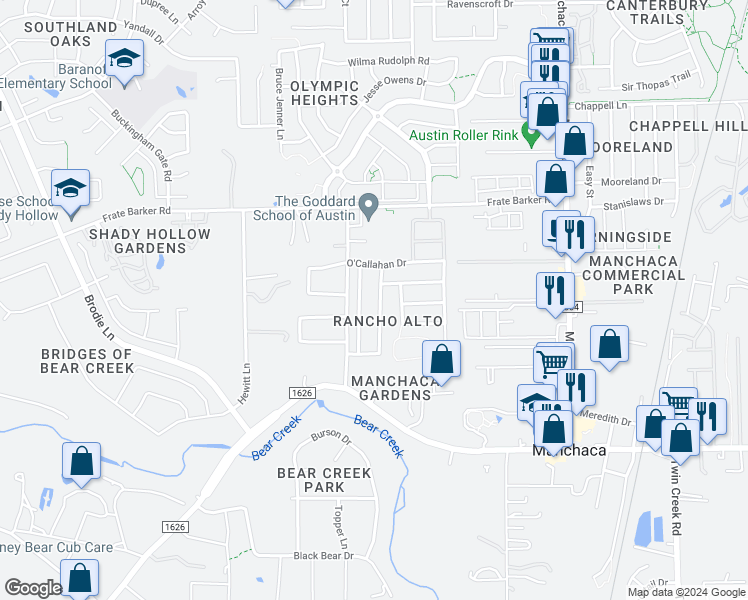 map of restaurants, bars, coffee shops, grocery stores, and more near 12032 Eruzione Drive in Austin