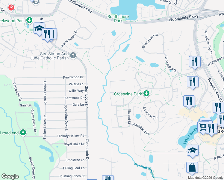 map of restaurants, bars, coffee shops, grocery stores, and more near 26339 McDonald Road in The Woodlands