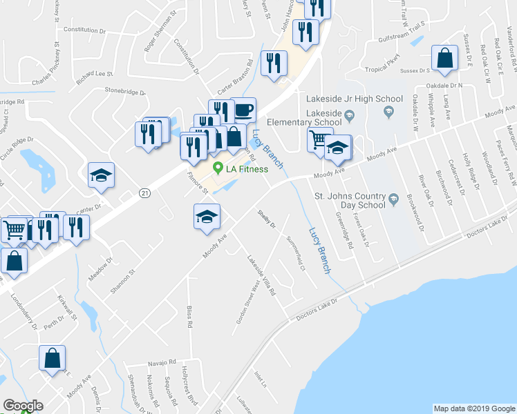 map of restaurants, bars, coffee shops, grocery stores, and more near 2877 Moody Avenue in Orange Park