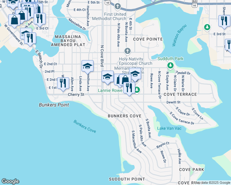 map of restaurants, bars, coffee shops, grocery stores, and more near 809 Cherry Street in Panama City