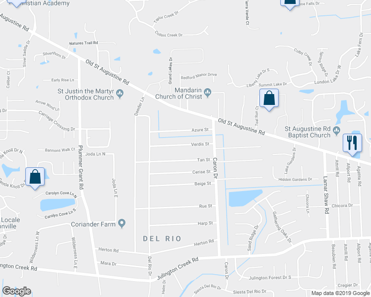map of restaurants, bars, coffee shops, grocery stores, and more near 5000 Verdis Street in Jacksonville